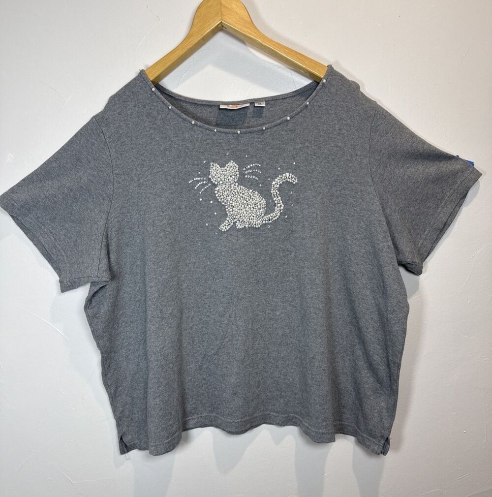 Quacker Factory Beaded Cat Top Gray Size 2X Cat Lady - Picture 2 of 12